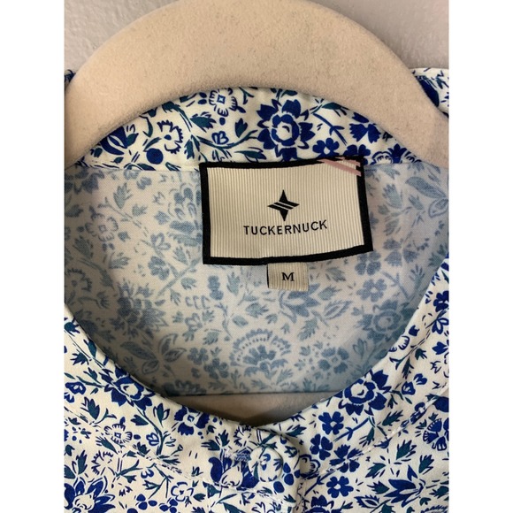 Tuckernuck Womens Dress‎ Medium Blue White Floral Print 3/4 Sleeve Button Down - Picture 3 of 9